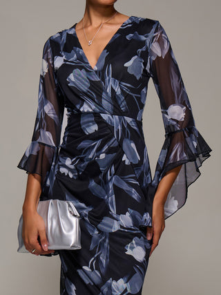 Ruffle Sleeve Ruched Mesh Bodycon Dress, Black Floral