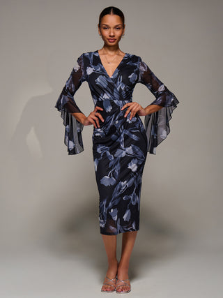 Ruffle Sleeve Ruched Mesh Bodycon Dress, Black Floral