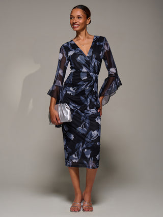 Ruffle Sleeve Ruched Mesh Bodycon Dress, Black Floral