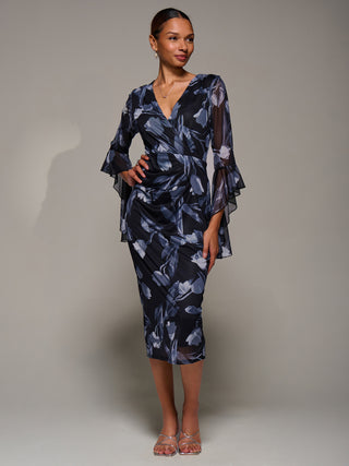 Ruffle Sleeve Ruched Mesh Bodycon Dress, Black Floral Jolie Moi Retail Ruffle Sleeve Ruched Mesh Bodycon Dress, Black Floral Jolie Moi Retail