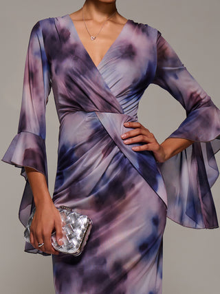 Ruffle Sleeve Ruched Mesh Bodycon Dress, Purple Abstract