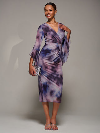 Ruffle Sleeve Ruched Mesh Bodycon Dress, Purple Abstract