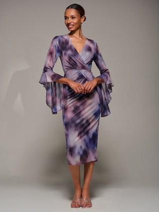 Ruffle Sleeve Ruched Mesh Bodycon Dress, Purple Abstract