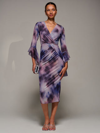 Ruffle Sleeve Ruched Mesh Bodycon Dress, Purple Abstract