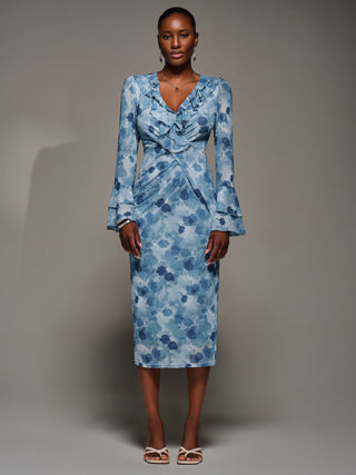 Frill Sleeve Pleated Wrap Midi Dress, Blue Floral