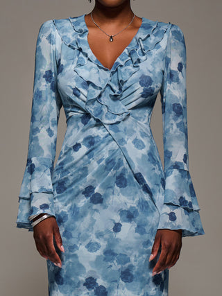 Frill Sleeve Pleated Wrap Midi Dress, Blue Floral