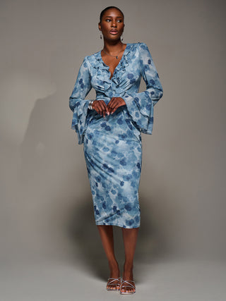 Frill Sleeve Pleated Wrap Midi Dress, Blue Floral
