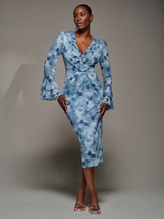 Frill Sleeve Pleated Wrap Midi Dress, Blue Floral Jolie Moi Retail Frill Sleeve Pleated Wrap Midi Dress, Blue Floral Jolie Moi Retail