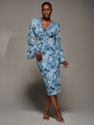 Frill Sleeve Pleated Wrap Midi Dress, Blue Floral
