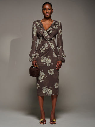 Frill Sleeve Pleated Wrap Midi Dress, Brown Floral
