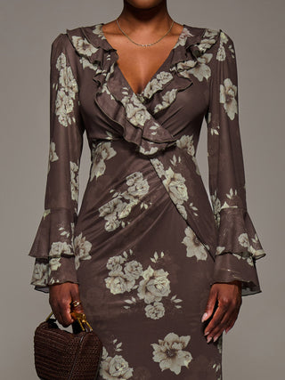 Frill Sleeve Pleated Wrap Midi Dress, Brown Floral