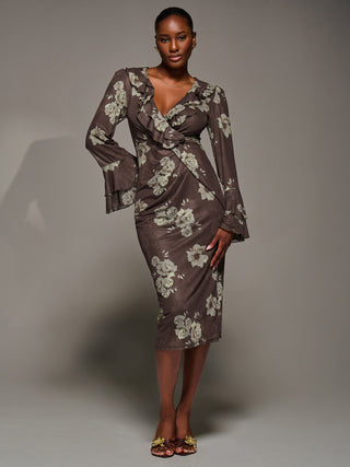 Frill Sleeve Pleated Wrap Midi Dress, Brown Floral