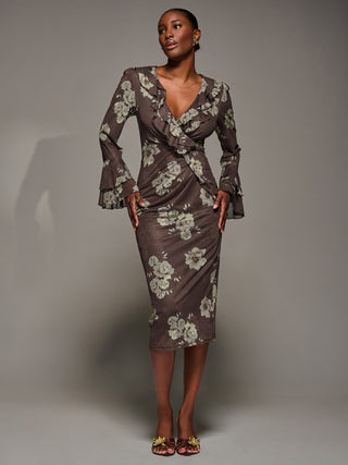 Frill Sleeve Pleated Wrap Midi Dress, Brown Floral