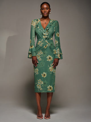 Frill Sleeve Pleated Wrap Midi Dress, Green Floral