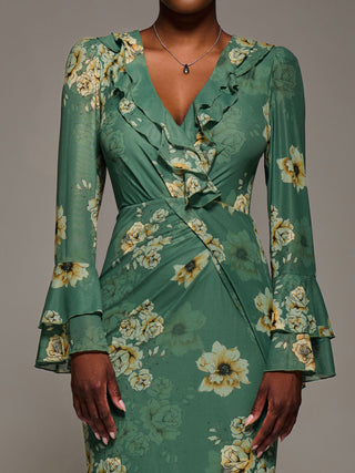 Frill Sleeve Pleated Wrap Midi Dress, Green Floral