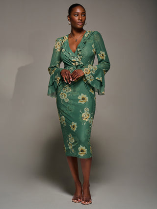Frill Sleeve Pleated Wrap Midi Dress, Green Floral