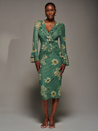 Frill Sleeve Pleated Wrap Midi Dress, Green Floral