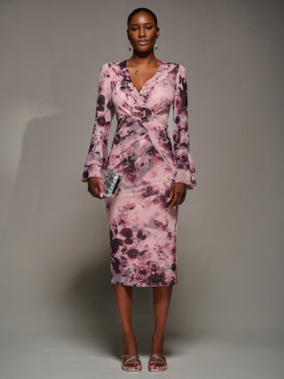 Frill Sleeve Pleated Wrap Midi Dress, pink floral