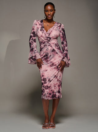 Frill Sleeve Pleated Wrap Midi Dress, pink floral