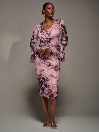 Frill Sleeve Pleated Wrap Midi Dress, pink floral