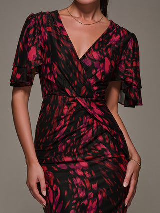 Print Mesh Angel Sleeve Bodycon Midi Dress, Black Animal