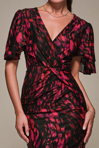 Print Mesh Angel Sleeve Bodycon Midi Dress, Black Animal