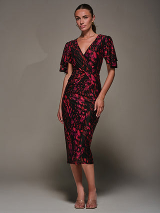 Print Mesh Angel Sleeve Bodycon Midi Dress, Black Animal