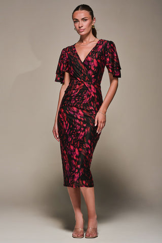 Print Mesh Angel Sleeve Bodycon Midi Dress, Black Animal  Jolie Moi Retail