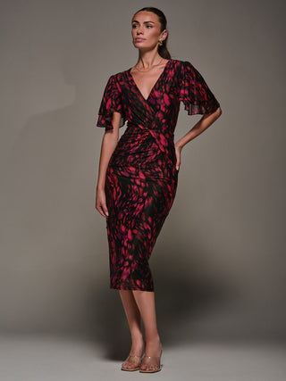 Print Mesh Angel Sleeve Bodycon Midi Dress, Black Animal