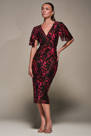 Print Mesh Angel Sleeve Bodycon Midi Dress, Black Animal