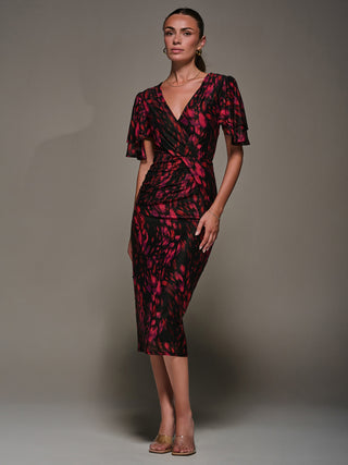 Print Mesh Angel Sleeve Bodycon Midi Dress, Black Animal