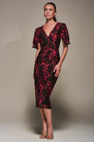 Print Mesh Angel Sleeve Bodycon Midi Dress, Black Animal