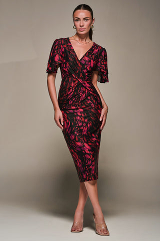 Print Mesh Angel Sleeve Bodycon Midi Dress, Black Animal