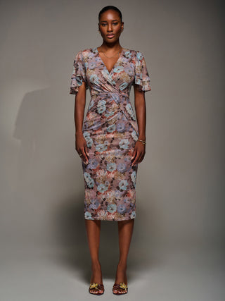 Print Mesh Angel Sleeve Bodycon Midi Dress, Blue Multi