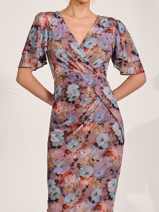 Print Mesh Angel Sleeve Bodycon Midi Dress, Blue Multi