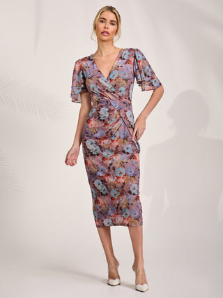 Print Mesh Angel Sleeve Bodycon Midi Dress, Blue Multi