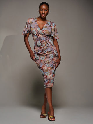 Print Mesh Angel Sleeve Bodycon Midi Dress, Blue Multi