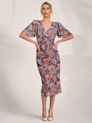 Print Mesh Angel Sleeve Bodycon Midi Dress, Blue Multi