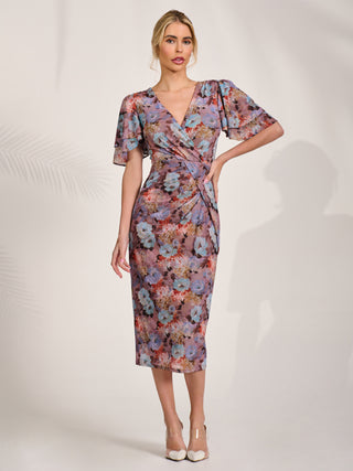Print Mesh Angel Sleeve Bodycon Midi Dress, Blue Multi