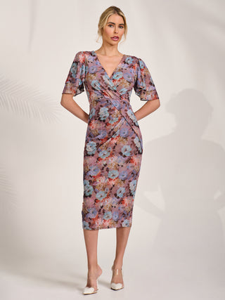Print Mesh Angel Sleeve Bodycon Midi Dress, Blue Multi