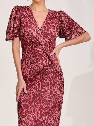 Print Mesh Angel Sleeve Bodycon Midi Dress Pink Animal