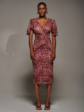 Print Mesh Angel Sleeve Bodycon Midi Dress Pink Animal