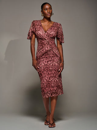 Print Mesh Angel Sleeve Bodycon Midi Dress Pink Animal