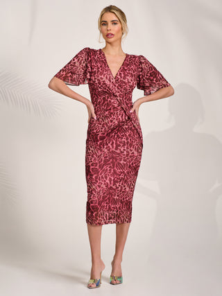 Print Mesh Angel Sleeve Bodycon Midi Dress Pink Animal