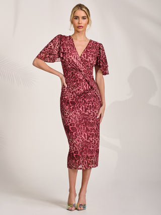 Print Mesh Angel Sleeve Bodycon Midi Dress Pink Animal