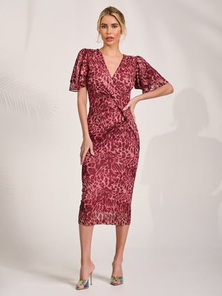 Print Mesh Angel Sleeve Bodycon Midi Dress Pink Animal