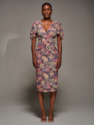 Print Mesh Angel Sleeve Bodycon Midi Dress, Purple Multi