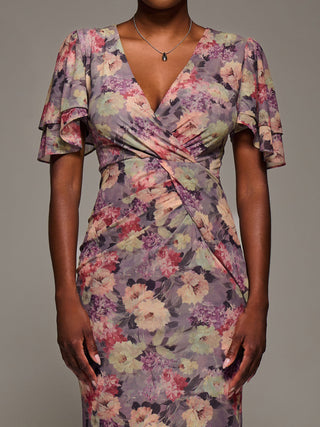 Print Mesh Angel Sleeve Bodycon Midi Dress, Purple Multi