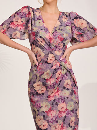 Print Mesh Angel Sleeve Bodycon Midi Dress, Purple Multi