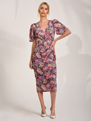 Print Mesh Angel Sleeve Bodycon Midi Dress, Purple Multi